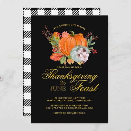 Erntedank Fest Dinner Rustikale Kürbisschwarz Einladung (Vorne/Hinten)