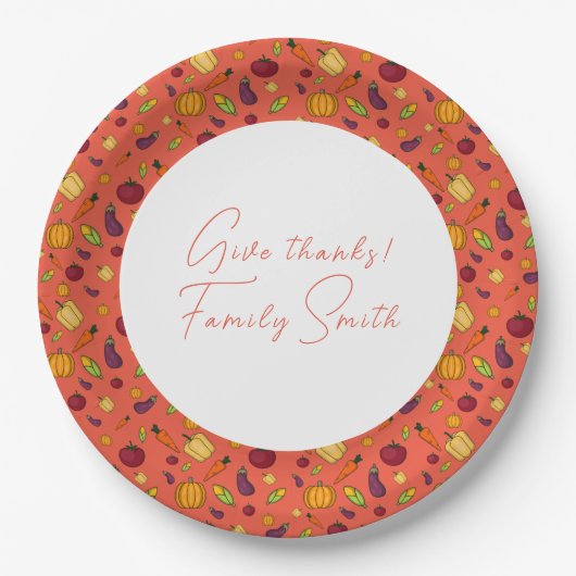 Erntedank Gemüsemuster Orange Pappteller (Vorderseite)