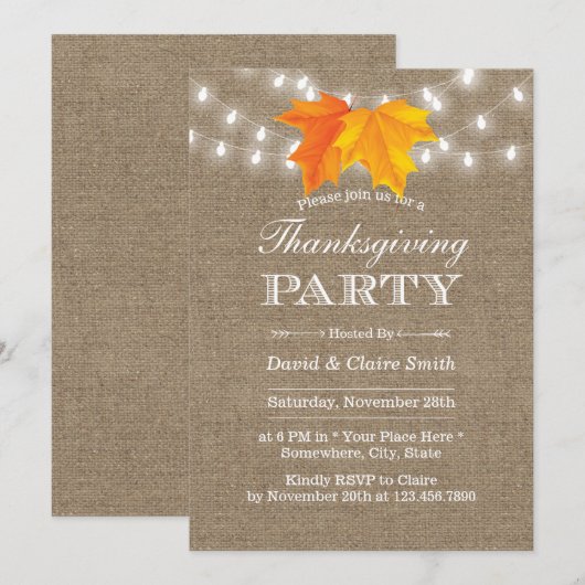 Erntedank Herbst belässt String Lights Burlap Einladung (Vorne/Hinten)