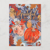 Erntedank Herbst verlässt dankbares Mädchen Postkarte (Vorderseite)