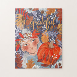 Erntedank Herbst verlässt dankbares Mädchen Puzzle