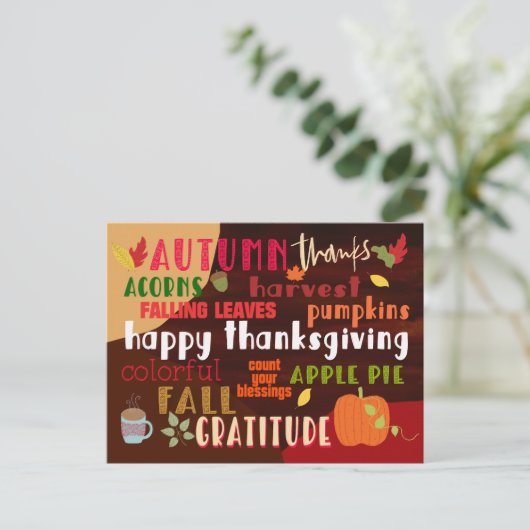 Erntedank Herbst Wordart farbenfrohe Typografie Postkarte (Stehend Vorderseite)