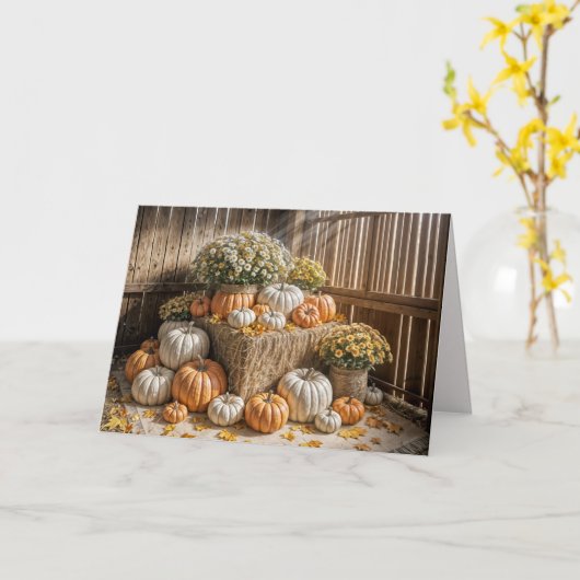 Erntedank Herbstkürme und Mums in einer Scheune Karte (Gelbe Blume)