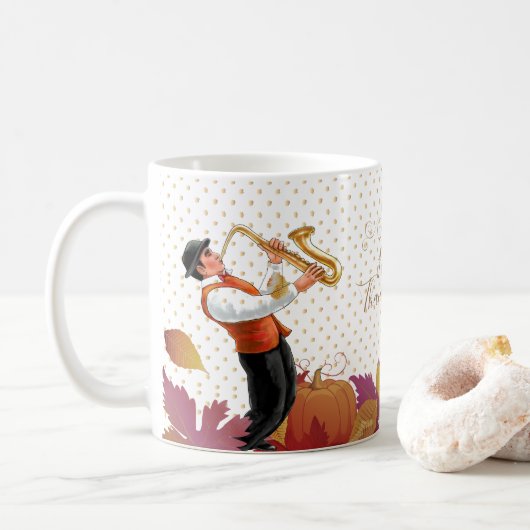 Erntedank Holiday Party, Retro Music Jazz Music Kaffeetasse (Mit Donut)