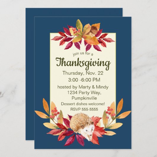 Erntedank, Igel, Acorne, Beeren Einladung (Vorne/Hinten)