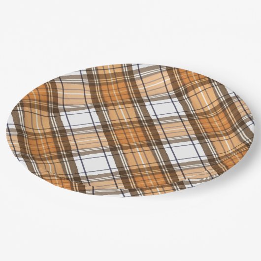 Erntedank Kariert-braune und orange-Party-Platte Pappteller (Schrägansicht)