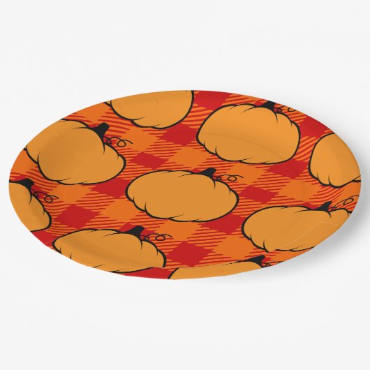 Erntedank Kariert Pumpkin Zeichnend Pappteller (Schrägansicht)