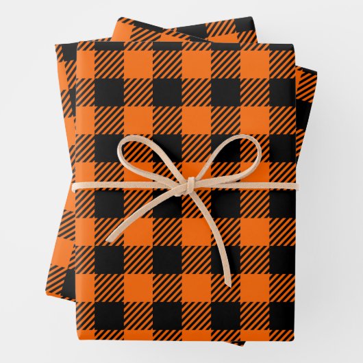 Erntedank Kariertes Muster in Schwarz und Orange Geschenkpapier Set (Beispiel)