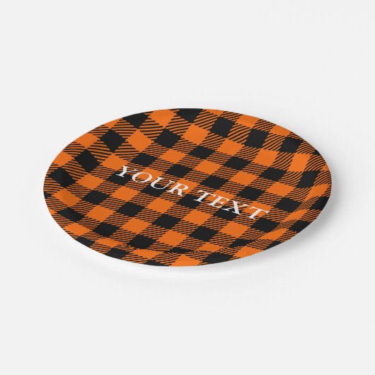 Erntedank Kariertes Muster in Schwarz und Orange Pappteller (Schrägansicht)