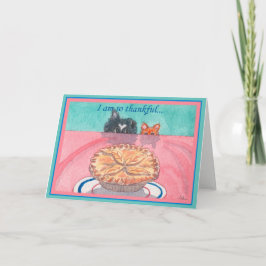 Erntedank-Karte, Hund & Katze planen einen Kuchenh Feiertagskarte