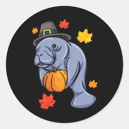 Erntedank Manatee Pilgrim Fall Pumpkin Dugong Runder Aufkleber (Vorderseite)