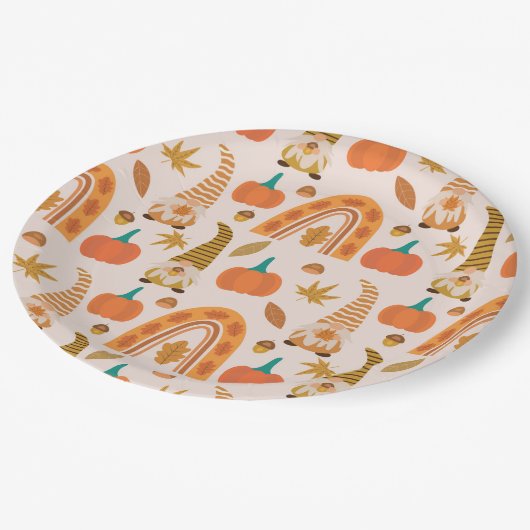 Erntedank mit Regenbogen und Herbstblättern Pappteller (Schrägansicht)