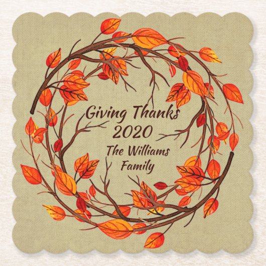 Erntedank Name-Matching hinzufügenAutumn Scalloped Untersetzer (Vorderseite)