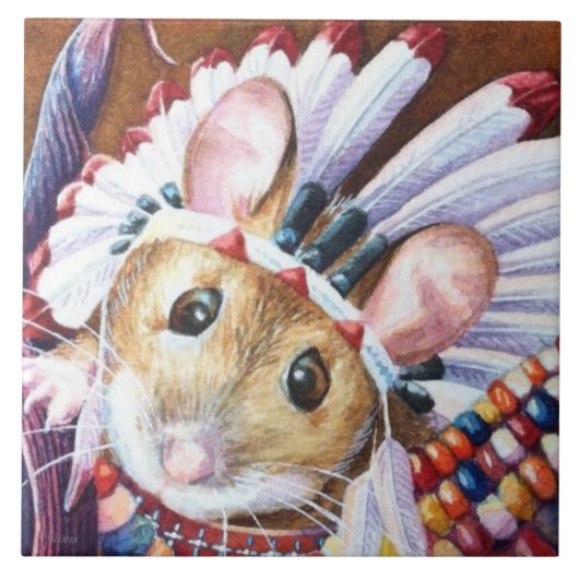 Erntedank Native American Mouse Wasserfarben Art Fliese (Vorderseite)