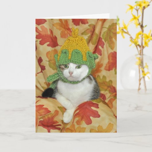 Erntedank oder Fallkarte für Tabby und Weiße Katze Karte (Gelbe Blume)