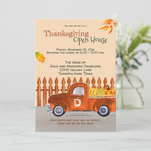 Erntedank Open House Orange LKW Fun Einladung (Stehend Vorderseite)