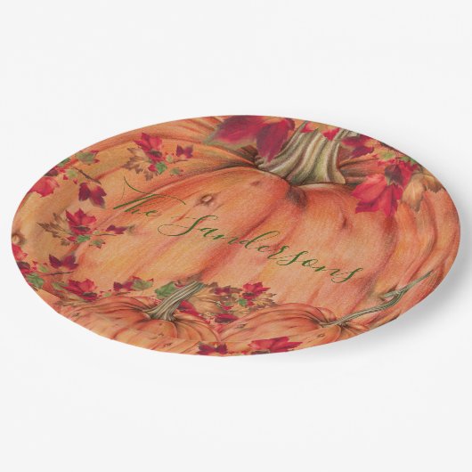 Erntedank Orange Pumpkins Herbstlaub Pappteller (Schrägansicht)