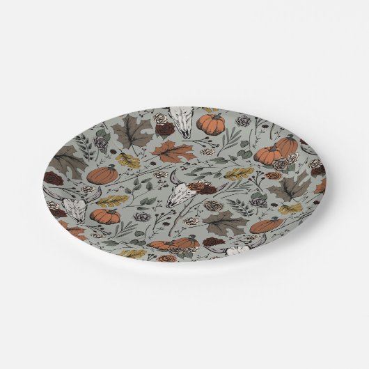 Erntedank Pattern Kuh Skull Fall Harvest Pappteller (Schrägansicht)