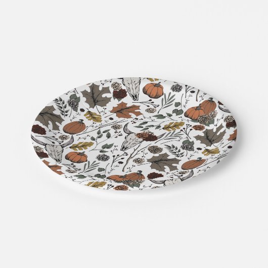 Erntedank Pattern Kuh Skull Fall Harvest Pappteller (Schrägansicht)