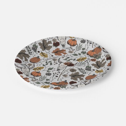 Erntedank Pattern Kuh Skull Fall Harvest Pappteller (Schrägansicht)