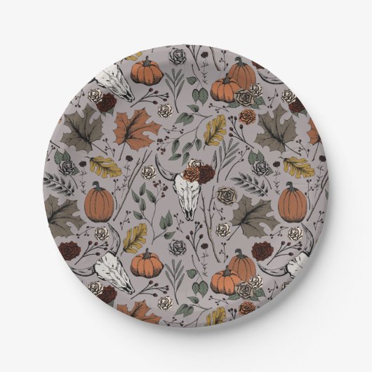 Erntedank Pattern Kuh Skull Fall Harvest Pappteller (Vorderseite)