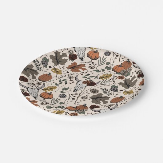 Erntedank Pattern Kuh Skull Fall Harvest Pappteller (Schrägansicht)