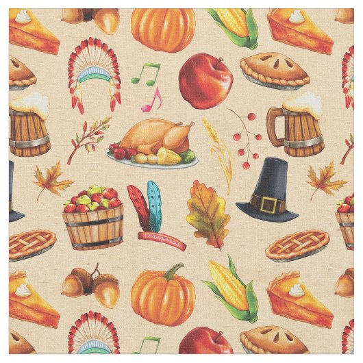 Erntedank Pie Turkey Pumpkin Pattern Stoff (Nahaufnahme)
