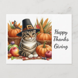 Erntedank Pilgrim Cat und Pumpkins Postkarte