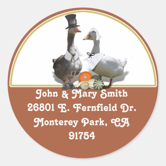 Erntedank Pilgrim Duck Couple Runder Aufkleber (Vorderseite)