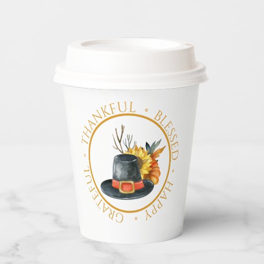 Erntedank Pilgrim Hat Pumpkin Sonnenblume Pappbecher (Vorderseite)