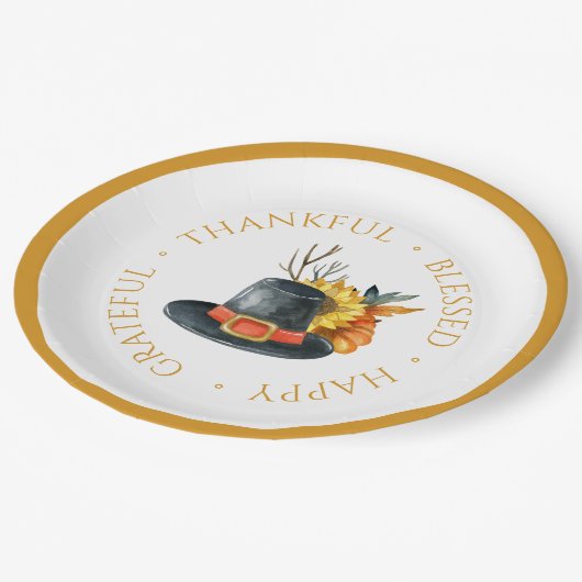 Erntedank Pilgrim Hat Pumpkin Sonnenblume Pappteller (Schrägansicht)