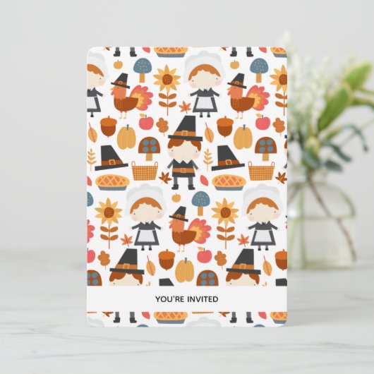 Erntedank Pilgrims Harvest Pattern Dinner Invit Einladung (Stehend Vorderseite)