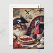 Erntedank Pirate Cat und Türkei mit Kuchen Postkarte (Vorne/Hinten)