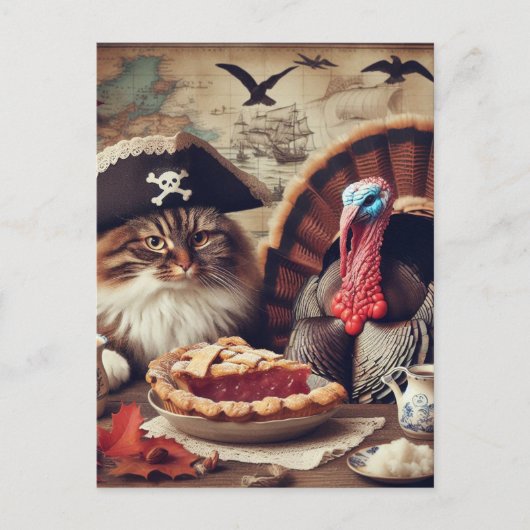Erntedank Pirate Cat und Türkei mit Kuchen Postkarte (Vorderseite)