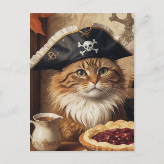 Erntedank Piratenkatze mit Kuchen Postkarte (Vorderseite)