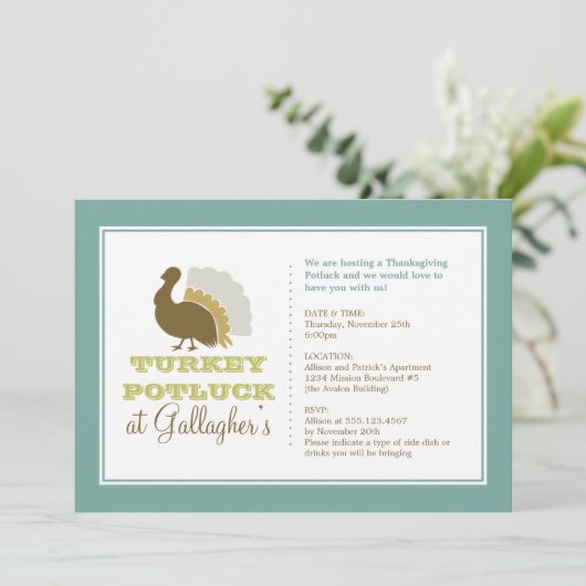 Erntedank potluck chic blue green turkey dinner einladung (Stehend Vorderseite)