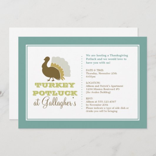 Erntedank potluck chic blue green turkey dinner einladung (Vorne/Hinten)