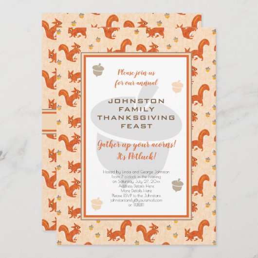 Erntedank Potluck Dinner Eichhörnchen und Acorns Einladung (Vorne/Hinten)