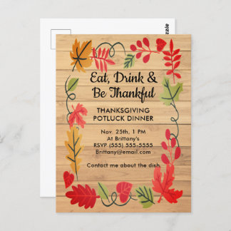Erntedank Potluck Dinner LT Brown Wood Einladung Postkarte