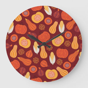 Erntedank Pumpkin Brown Nahtlose Muster. Große Wanduhr