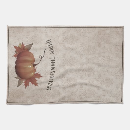 Erntedank Pumpkin Damask | Braun Geschirrtuch (Horizontal)