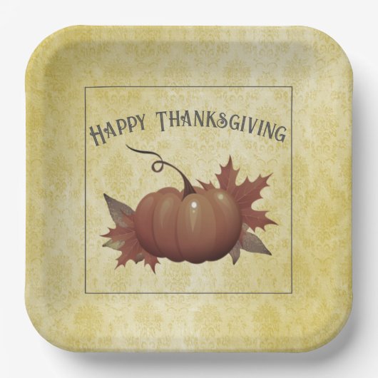 Erntedank Pumpkin Damask | Gelb Pappteller (Vorderseite)