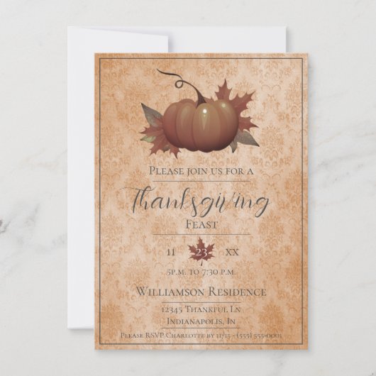 Erntedank Pumpkin Damask | Orange Dinner Einladung (Vorderseite)