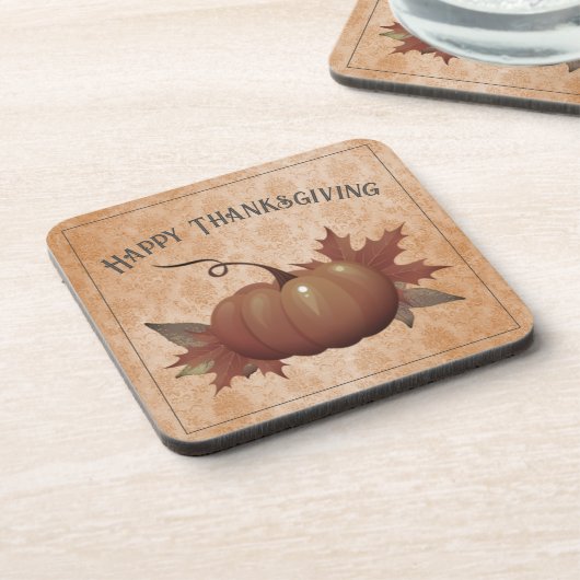 Erntedank Pumpkin Damask | Orange Getränkeuntersetzer (Linke Seite)