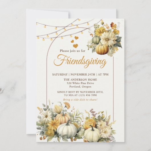 Erntedank Pumpkin Floral Friendsgiving Dinner Einladung (Vorderseite)