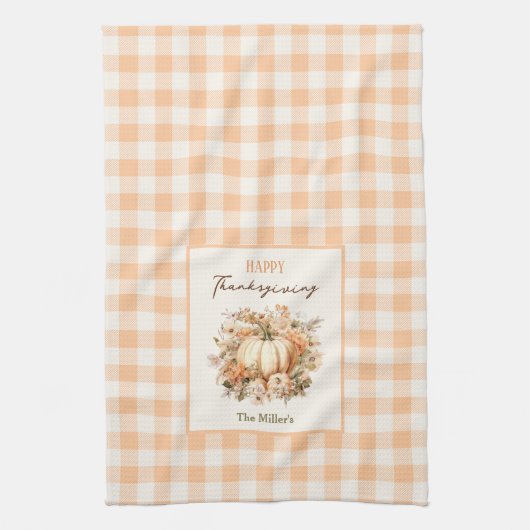 Erntedank Pumpkin Gingham Pastel Orange Name Geschirrtuch (Vertikal)