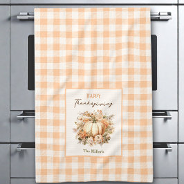 Erntedank Pumpkin Gingham Pastel Orange Name Geschirrtuch