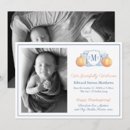 Erntedank Pumpkin Monogram Grateful Baby Birth Ankündigung