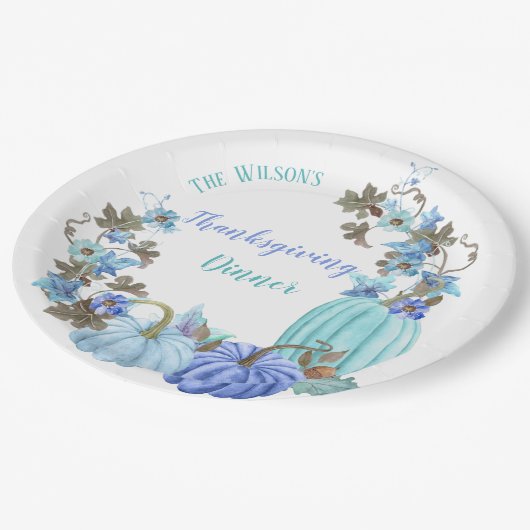 Erntedank Pumpkins Aquamarin Türkis Blau Pappteller (Schrägansicht)