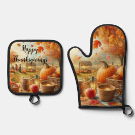 Erntedank Pumpkins Herbstleaves Ofenhandschuh & Topflappen-Set